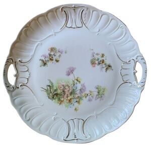 Vintage Floral White/Gold 10" Serving Plate w/Pierced Handles Textured Rim